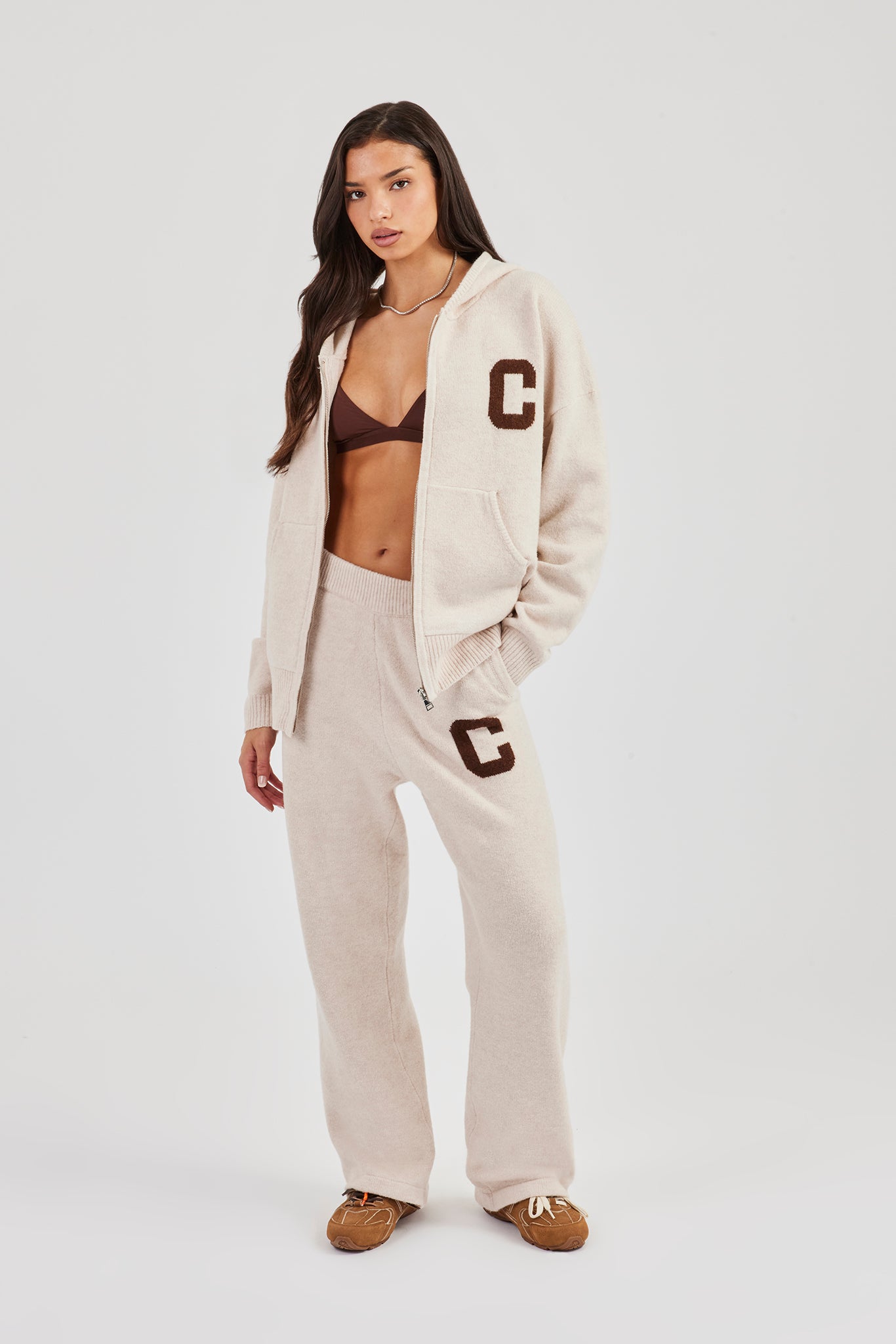 Hooded Zip Through Knitted Tracksuit - Off White